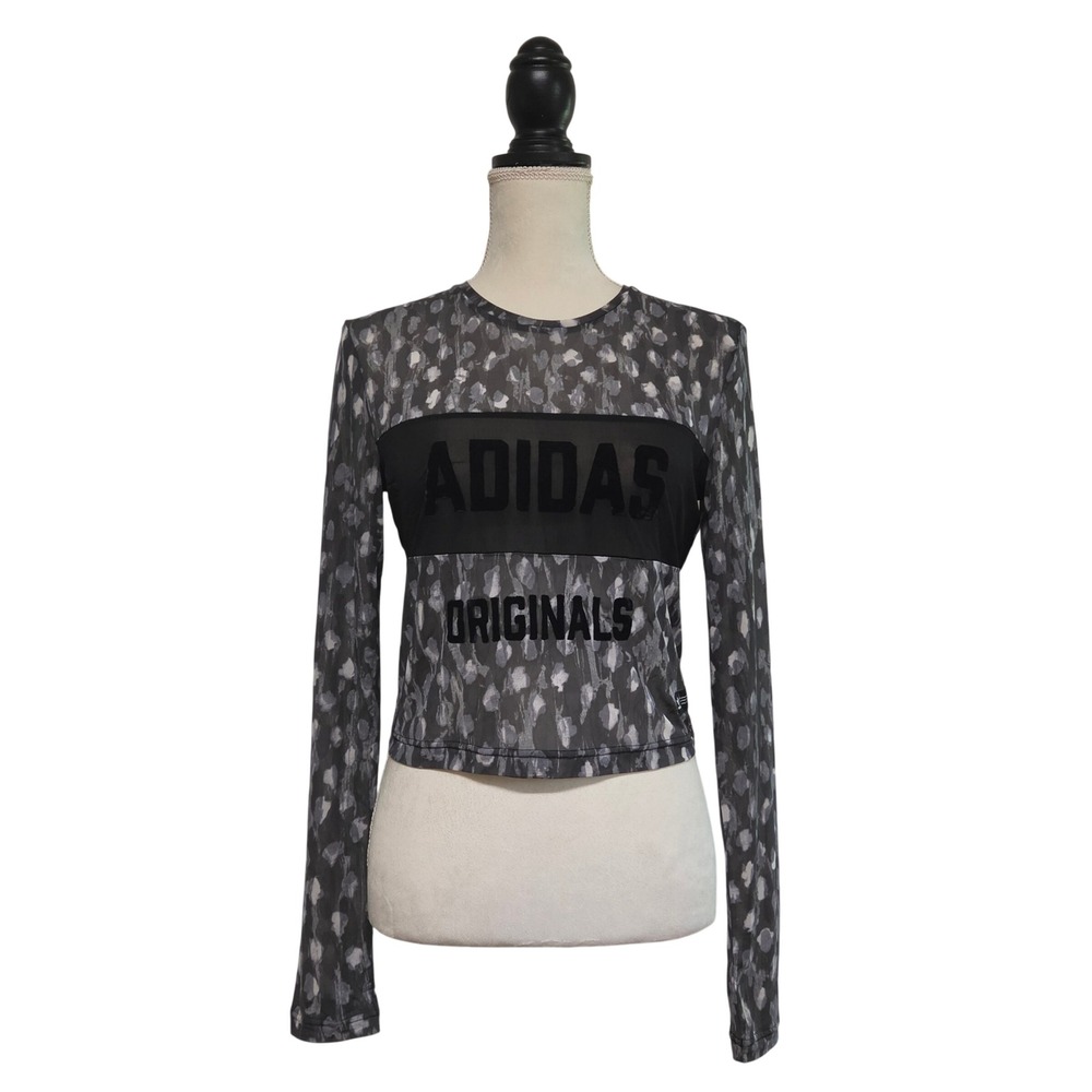 Adidas Originals Women Grey Mesh Leopard Print Long Sleeve Crop Top Size Medium - Picture 2 of 6